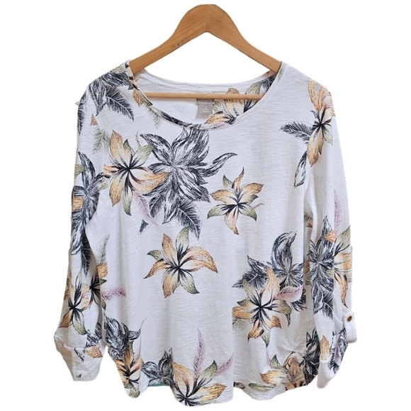 Chico's Cotton Blend Slub Floral Utility Sleeve Button Tee Size Large Tropical - Picture 3 of 12